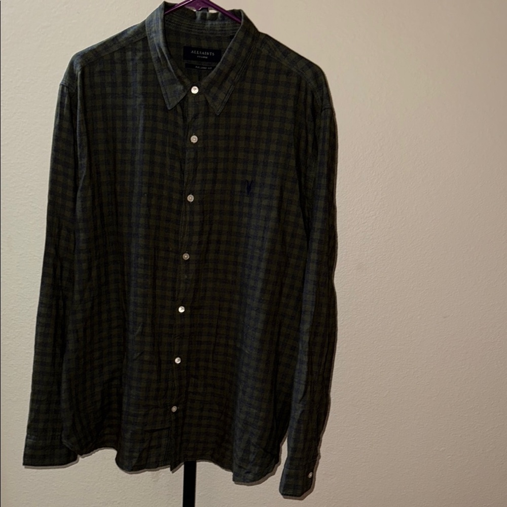 All Saints Men’s Olive Green Charcoal Gray Plaid Casual Button Down Shirt Sz XXL